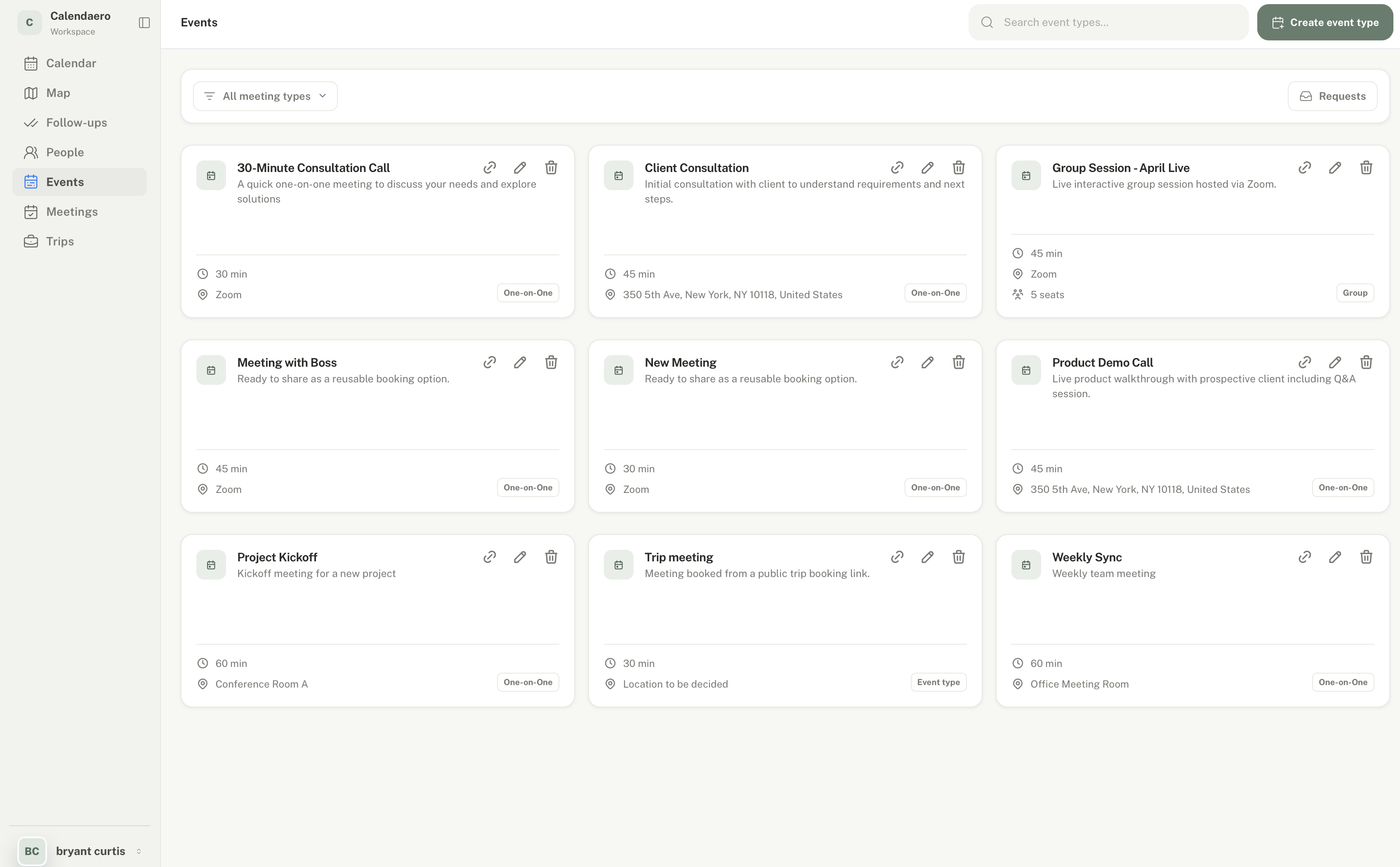 Calendaero events view showing reusable meeting types, search, requests, and create event type action.