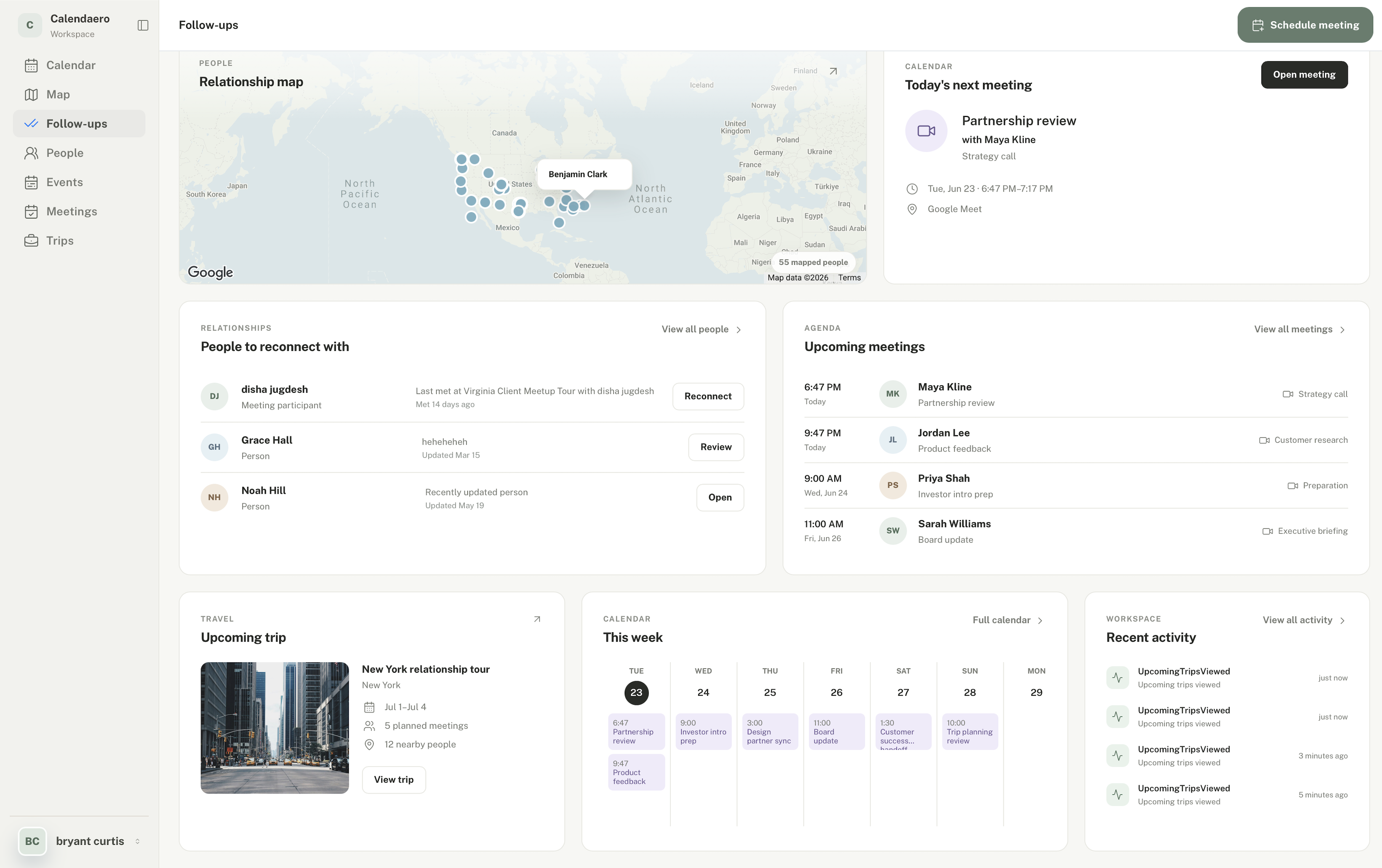 Calendaero follow-ups dashboard showing relationship map, next meeting, reconnect suggestions, upcoming meetings, trip, weekly calendar, and recent activity.