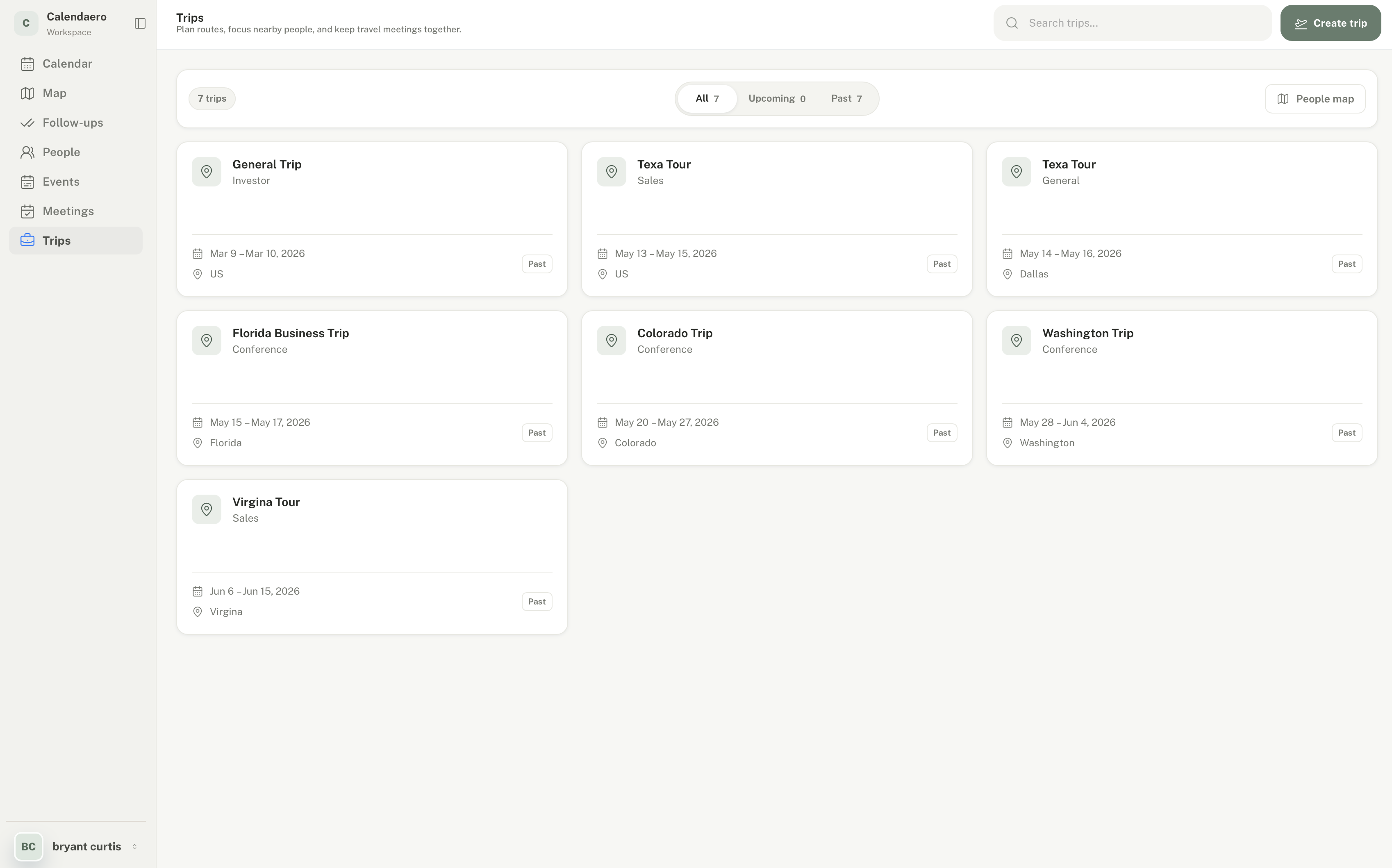 Calendaero trips view showing trip cards, search, filters, create trip action, and people map access.